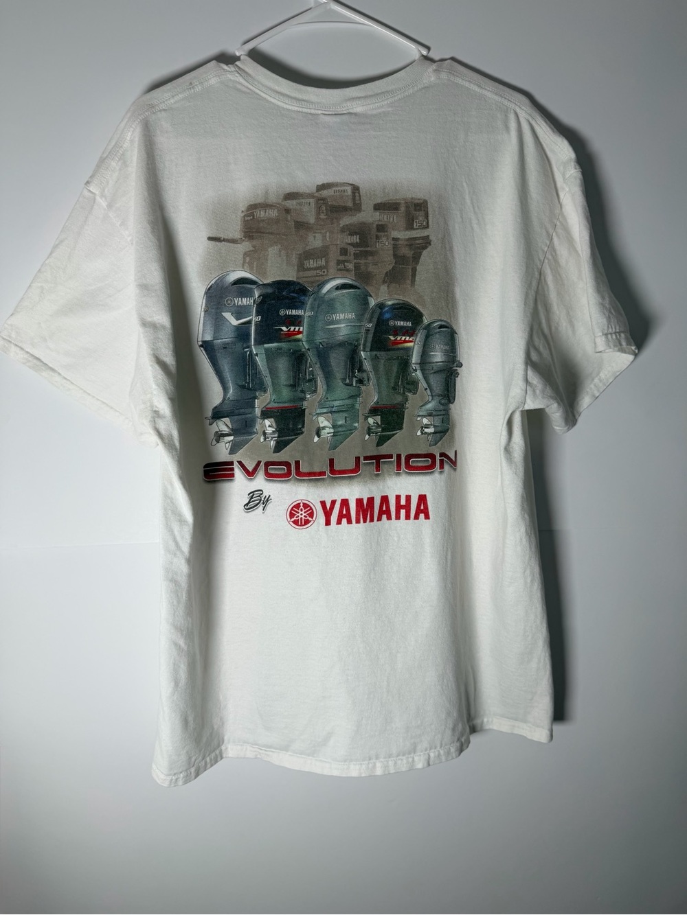 Vintage Gildan White Men's 'Evolution by Yamaha' Graphic Tee with Red Logo
